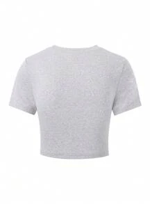 SHEIN 少女纯色短袖休闲 T 恤，夏季简约经典必备，透气舒适 - 灰色 - 查看 2