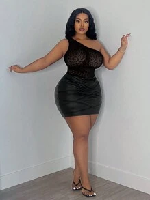 Slaydiva 大碼優雅性感透視單肩豹紋絨面連身衣，適用於派對和聚會 - 黑色 - 查看 3