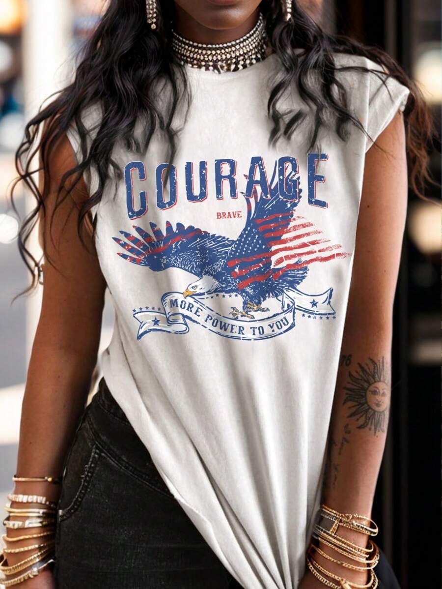 Muchica 復古西部風格老鷹圖案短袖圓領T恤，非常適合夏季音樂節 - 白色 - 查看 1