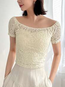 FRIFUL Maglietta estiva a maniche corte con scollo a barca in pizzo a tinta unita per donne