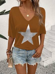 SHEIN LUNE Women's Summer Casual V-Neck Short Sleeve T-Shirt With Star Print