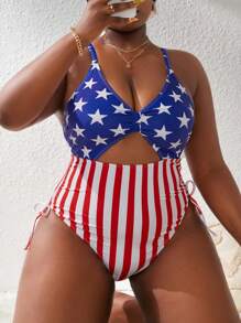 SHEIN Swim Curve Plus Size Summer Beach Americana Printed Drawstring Side Cutout Front One-Piece Swimsuit - Multicolor - View 6