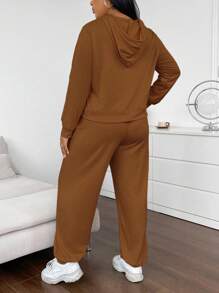 Maweii 大尺碼純色連帽運動衫和長褲套裝 - 棕色 - 查看 2