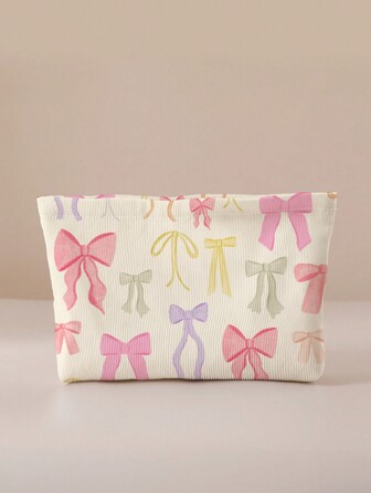 Duchess Plum Sac de maquillage en velours côtelé imprimé double face avec motif nœud, pour les vacances et la Saint-Valentin, par l'artiste Girlcore
