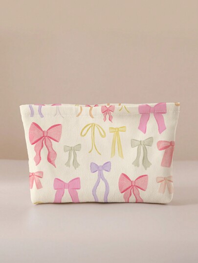 Duchess Plum Bolsa de maquillaje de doble cara estampada en corduroy con estampado de lazo, ideal para vacaciones, Día de San Valentín