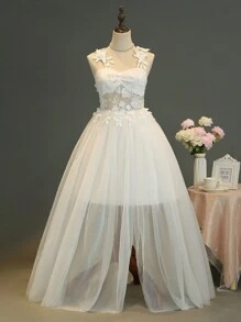 SHEIN Flower Girl Tween/Teen Elegant Spaghetti Strap 3D Floral Embroidered Mesh High Slit Formal Dress, Suitable For Weddings, Performances, Parties, Birthday - White - View 1