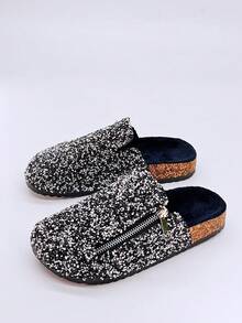 roulvxiang New Sparkling Black Slip-On Sandals For Beach, Home And Vacation Wear - Women Fluffy Slide Flat Sandals - Graphite Black - View 4