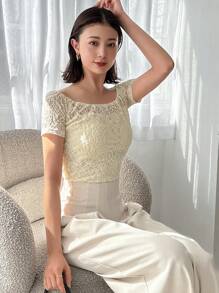 FRIFUL Maglietta estiva a maniche corte con scollo a barca in pizzo a tinta unita per donne