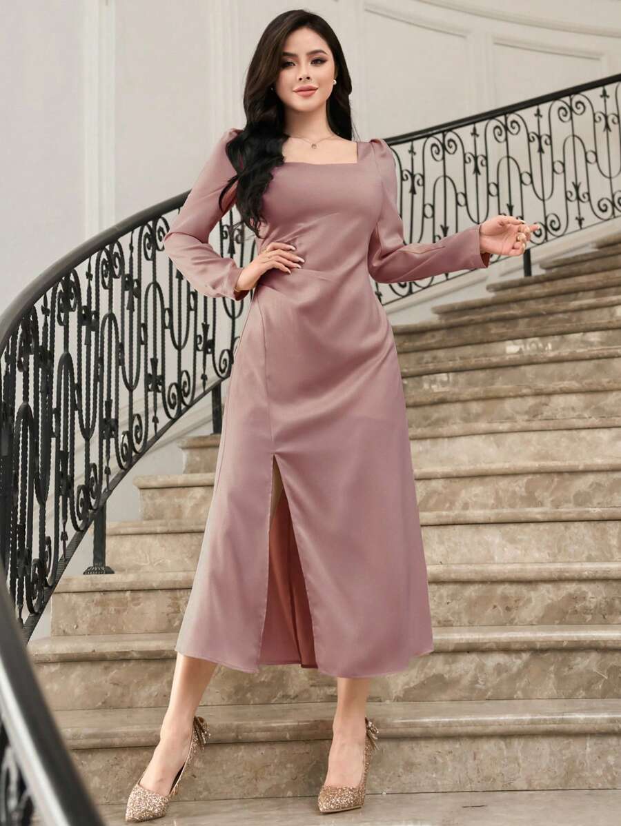 DAZY Ladies' Elegant Solid Color Slit Front Square Neck Party Gathering Long Sleeve Dress,Fall Dress - Pink - View 1