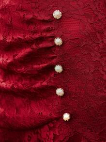 Vintamour 复古蕾丝鱼尾裙女夏装红色蕾丝裙优雅裙商务休闲女装金属纽扣母亲节服装红色蕾丝裙派对蕾丝裙 - 酒紅色 - 查看 4