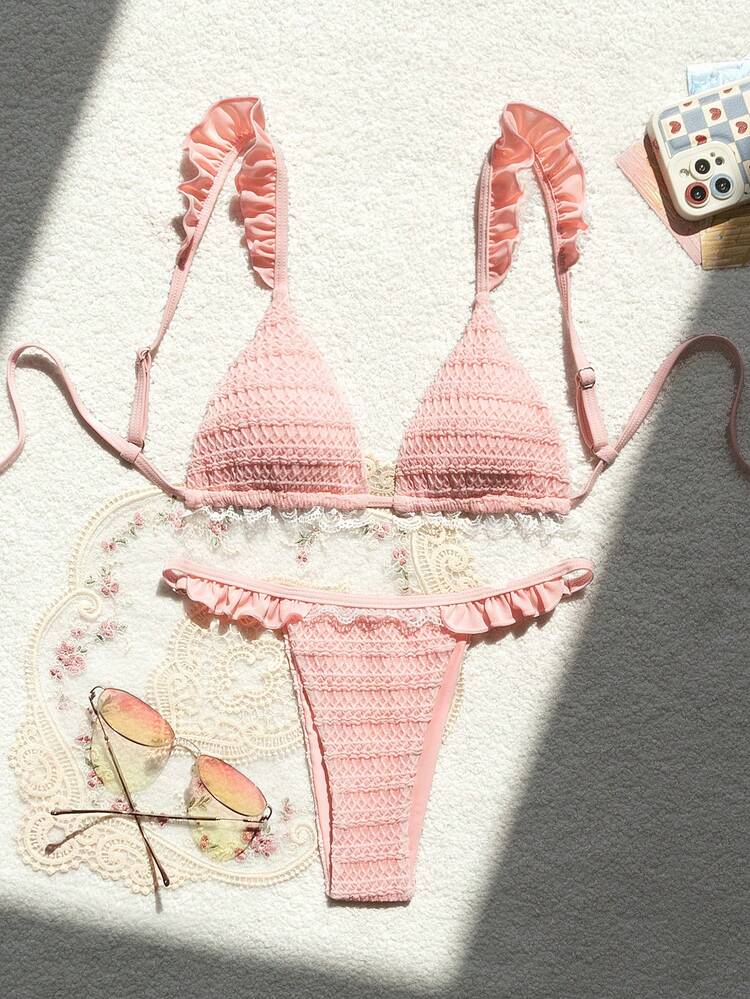 Women Solid Color Bikini Set With Sweet Ruffle Trim For Vacation Summer