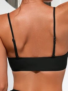 SHEIN Swim 女士假日纯色褶皱前系带两件套比基尼套装搭配同款罩裙夏季海滩 - 黑色 - 查看 3