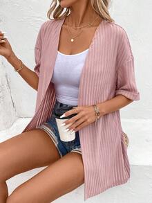 SHEIN LUNE Casual Knitted Top With Dropped Shoulders And Textured Fabric For Spring/Summer - Pink - View 2