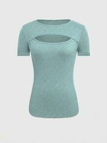 INAWLY 女士夏季實色空心修身短袖T恤 - 藍色 - 查看 3