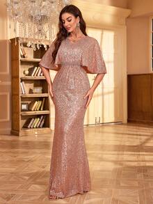 Women's V-Neck Sequin Crystal Decor Fit & Flare Evening Dress - Pink - View 3