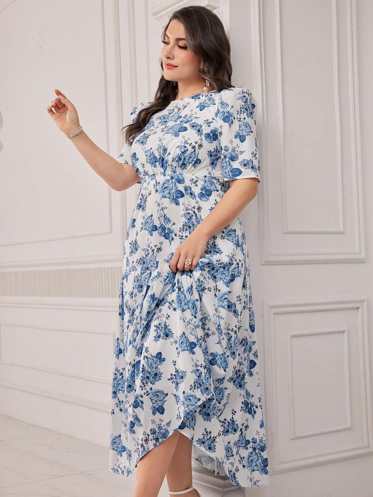 Women Flower Print Short Sleeve Plus Size Dress