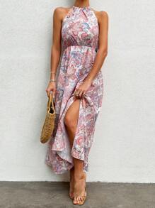 EURMUSE Floral Print Halter Neck Sleeveless Dress - Pink - View 1