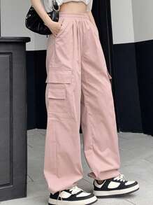 DAZY Women Solid Color Loose Straight-Leg Pants With Pockets For Casual Wear