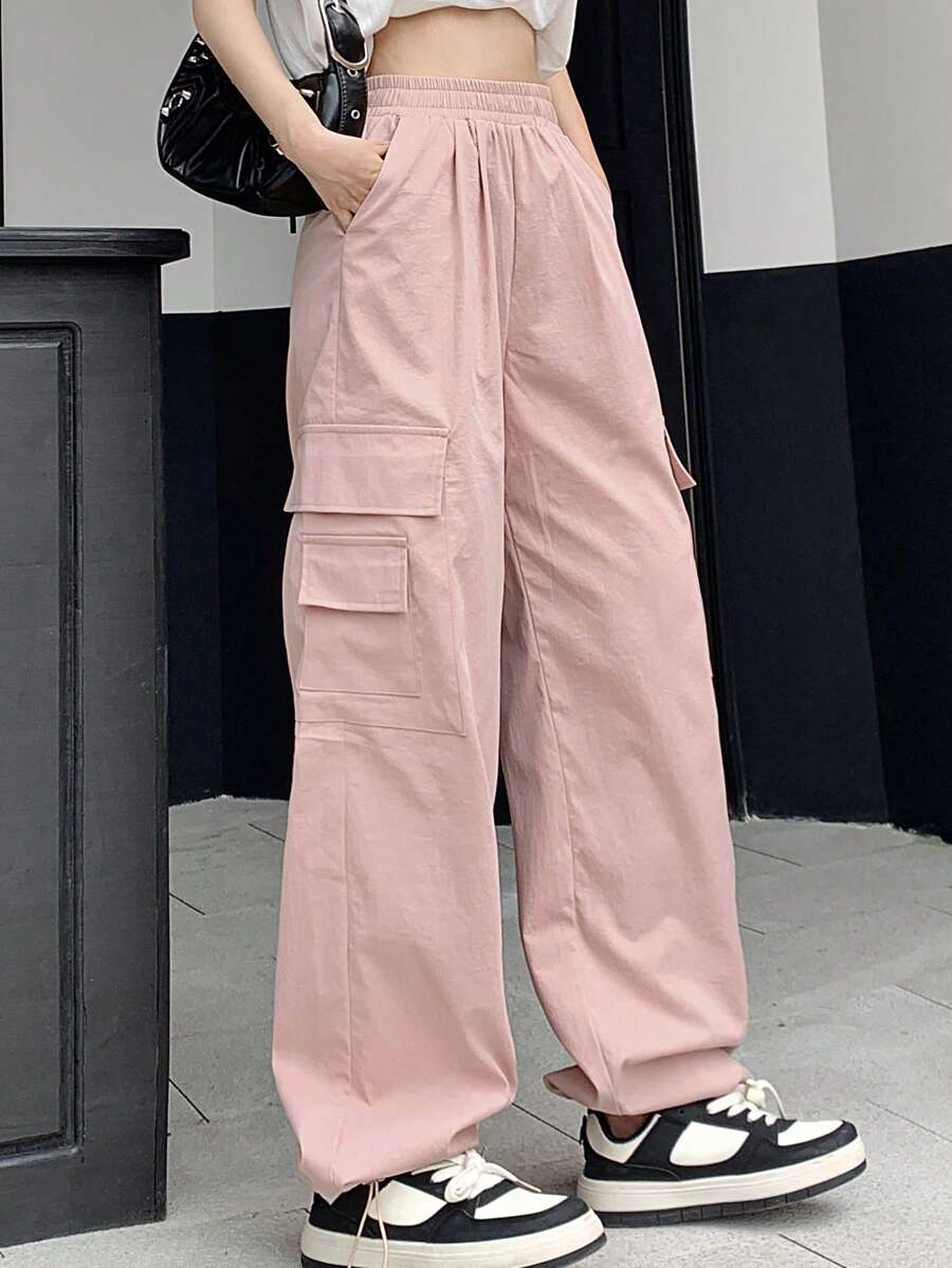 DAZY Women Solid Color Loose Straight-Leg Pants With Pockets For Casual Wear