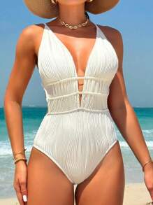Swim Vcay Summer Beach Ladies' Solid Color Backless Fashionable Swimming Beachwear One-Piece Swimsuit White Swimsuit