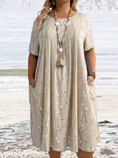 Breezaya Plus Size Round Neck Printed Pleated Casual Dress For Summer