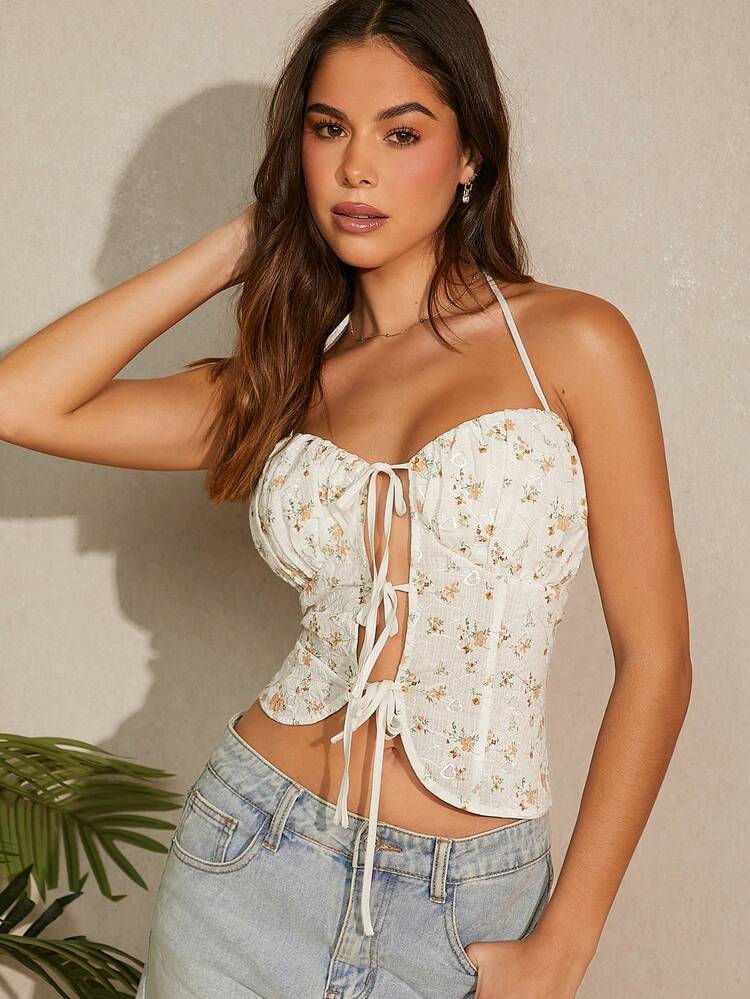 Ditsy Floral Embroidered Ruched Bust Tie Top