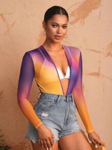Israel Jasso Body transparente con escote en V profundo y estampado, diseño para mujer, para otoño, vacaciones y festivales