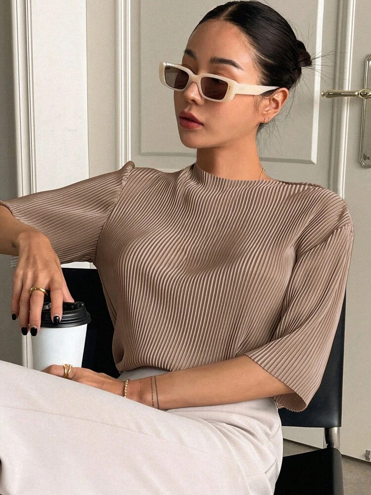 Plain Pleated Casual Short Sleeve T-Shirt