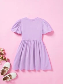 HELLO KITTY AND FRIENDS | SHEIN Young Girl's Casual Cute Heart & Cartoon Character Print Puff Sleeve A-Line Dress,Kids Party Dress,Little Twin Stars - Purple - View 2