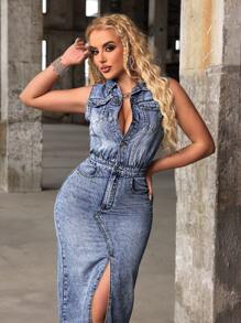 SHEIN SXY Vestido de mezclilla de mujer sin mangas con media tapeta abotonada, dobladillo alto-bajo y abertura lateral para el verano