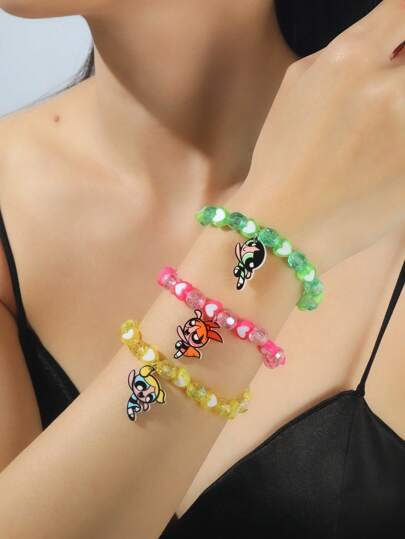 The Powerpuff Girls | ROMWE 3pcs Cartoon Characters Blossom, Bubbles, Buttercup Pattern Heart Beaded Bracelet, Valentines,Mom,Mother,Mother's Day,Gift
