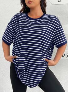 SHEIN EZwear 大码条纹宽松落肩短袖 T 恤夏季大码 T 恤女式上衣大码 - 藏蓝色 - 查看 7