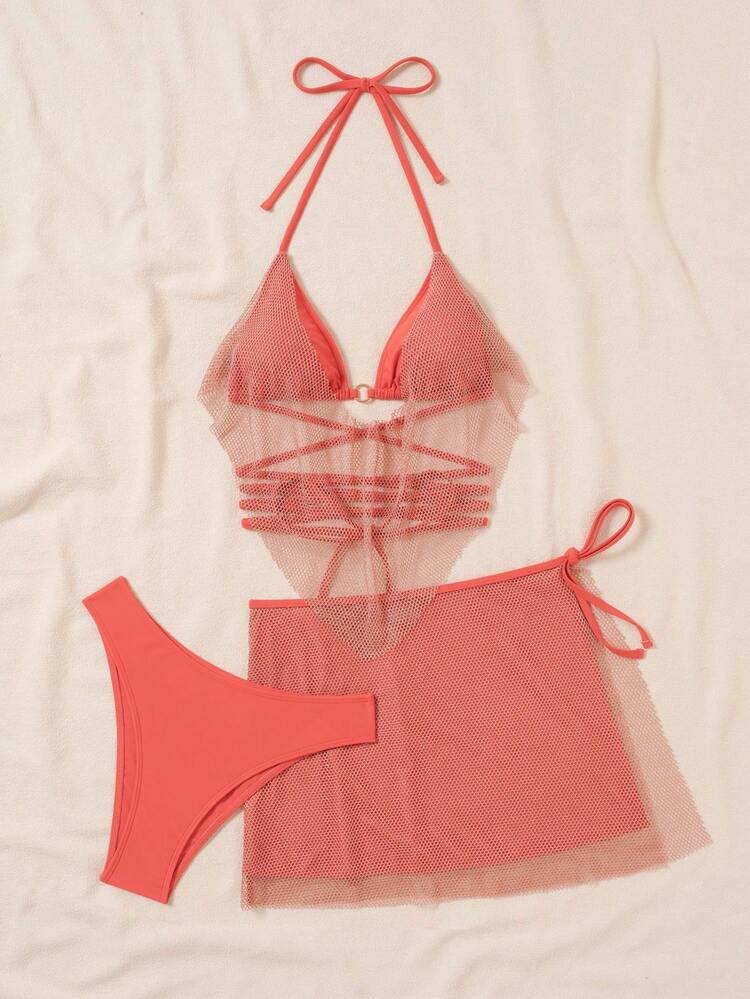 Women Vacation Jointed Sheer Mesh Halter Neck Bikini Set With Bikini Set Skirt Cover-Up Summer Beach