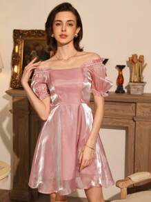 Zanirela Off Shoulder Frill Trim A-Line Dress With Waist Belt, Suitable For Party And Date - Dusty Pink - View 4
