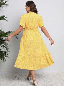 Calvaya Kích thước lớn NỮ Mùa hè Ngày lễ Phong cách In hoa Cổ chữ V Cánh hoa Ngắn tay Đầm - Màu vàng - Xem 2