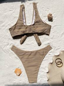 SHEIN Swim Women's Textured Front Knot Two-Piece Bikini Set Summer Beach - Khaki - View 4