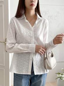 DAZY Áo kiểu công sở đơn giản màu trơn họa tiết dài tay rộng rãi cổ bẻ cho nữ, áo dài tay mùa hè - trắng - Xem 7