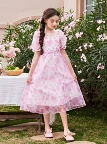 Tween Girls Elegant And Cute Floral And Printed Organza Dress - Pink - View 5