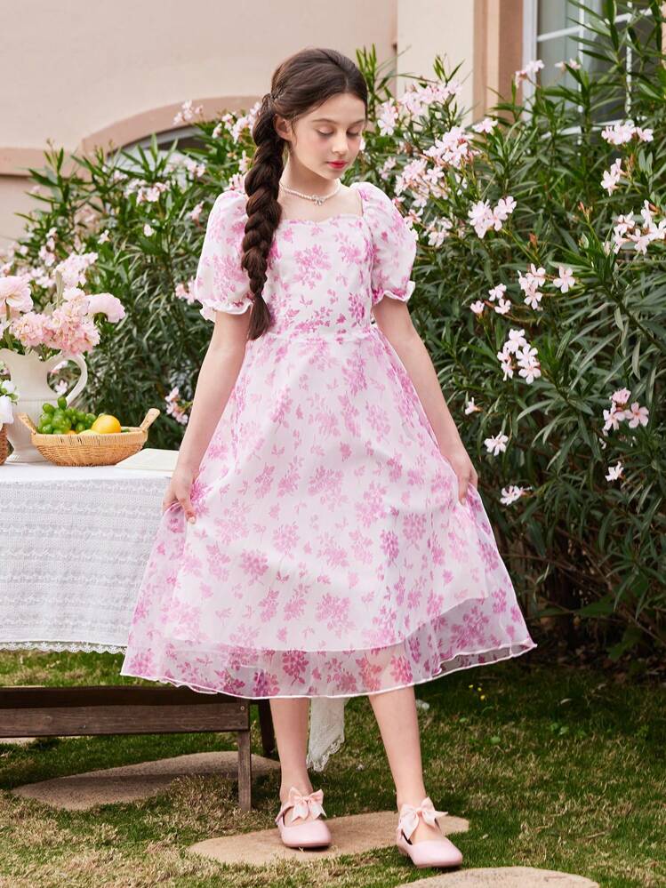 Tween Girls Váy Organza in hoa và in hoa thanh lịch và dễ thương - Hồng - Xem 5