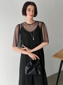 FRIFUL Women Round Neck Short Puff Sleeve Sheer Mesh Top And Black Long Cami Dress Set,Women Two Pieces Sets