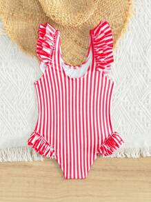 Baby Girls Striped One-Piece Swimsuit With Random Frills And No-Lock Edge - Multicolor - View 2