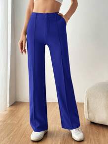 SHEIN EZwear 女式纯色牙签直筒西装裤 - 藍色 - 查看 3