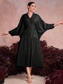 Al Najma 女士蝙蝠袖褶皺擺阿拉伯風格長襯衫，對比領口 - 黑色 - 查看 3