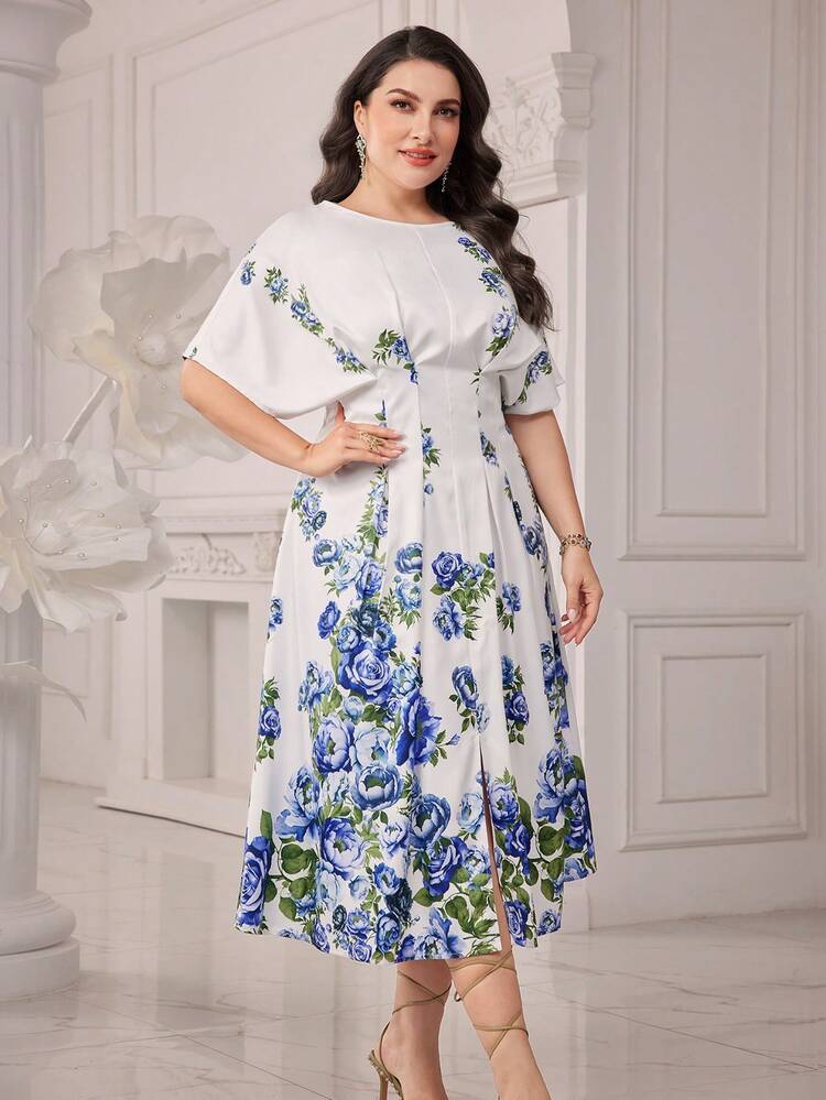 Plus Size Floral Print Pleated Batwing Sleeve Split Dress For Summer