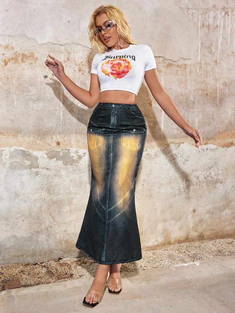 Casual Spring/Summer Denim Effect A-Line Skirt With Fish Tail Hem Cargo Western Wear Grunge Punk Y2k Grunge