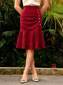 Vintamour 复古蕾丝鱼尾裙女夏装红色蕾丝裙优雅裙商务休闲女装金属纽扣母亲节服装红色蕾丝裙派对蕾丝裙 - 酒紅色 - 查看 6