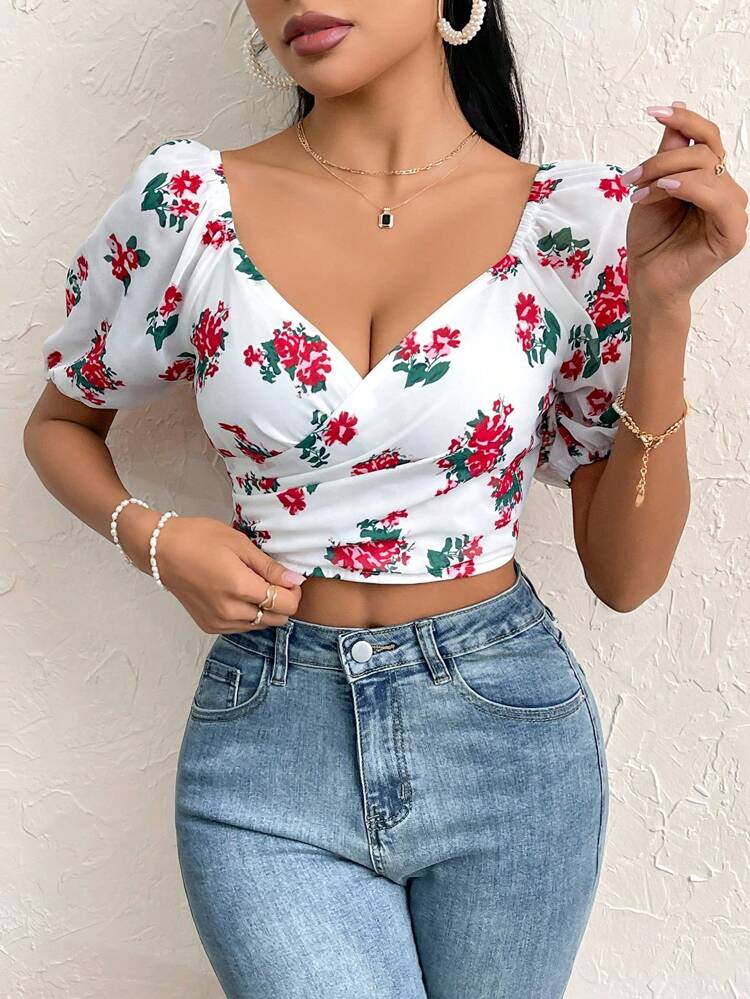 Women Summer Chiffon Floral Printed Cross Collar Puff Sleeve Blouse With Pleats