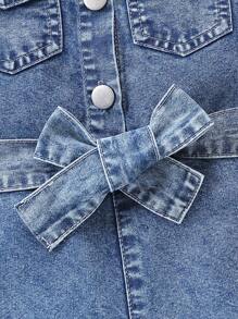 SHEIN Baby Girl Basic Casual Middle Blue Wash Water Belted Denim Romper - Blue - View 3