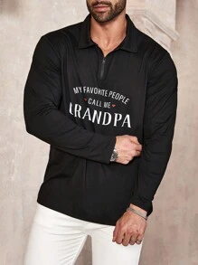 Manfinity Homme Men's Plus Size Letter Printed Half-Zip Polo Shirt With Long Sleeve - Black - View 3