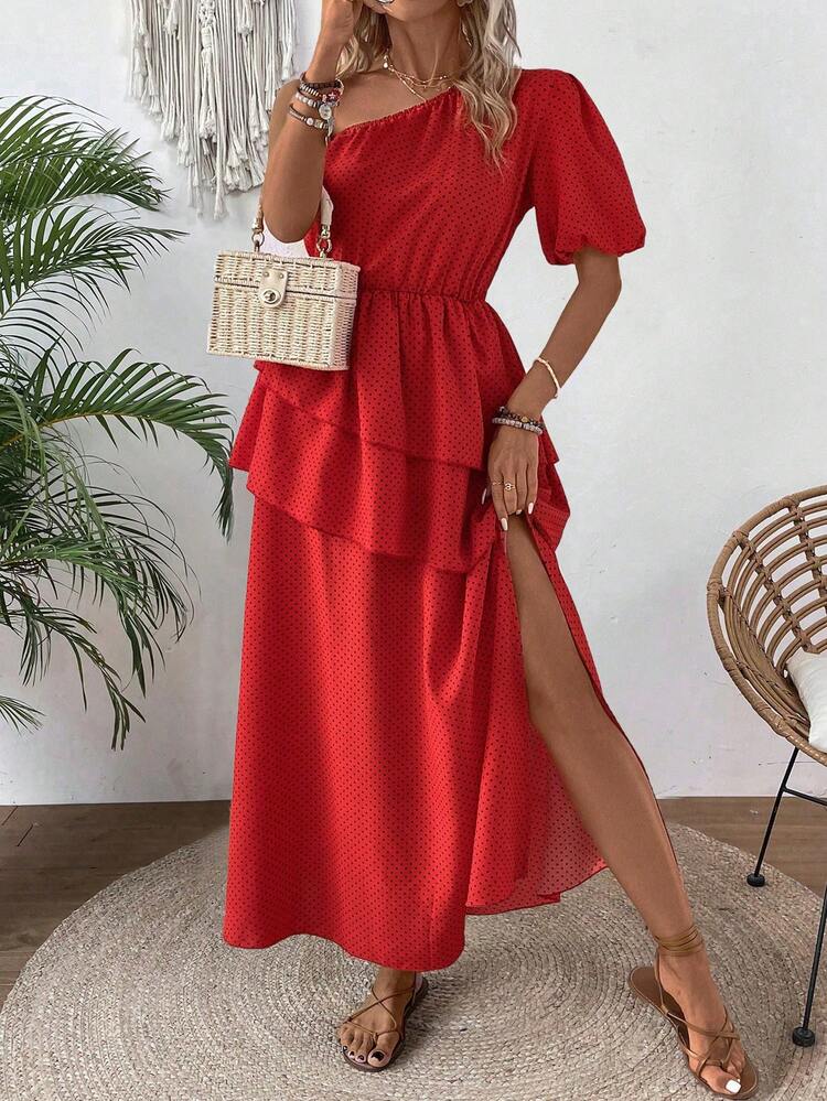 Women's Polka Dot Printed Asymmetrical Neckline Ruffled Hem High Slit Dress